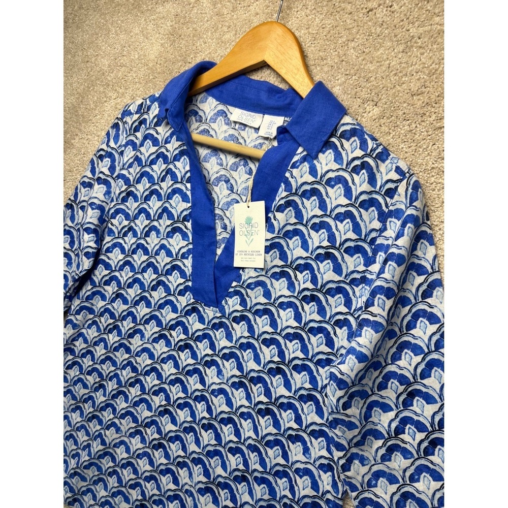 Sigrid Olsen Blue White Tunic Top Linen 3/4 Sleeve NWT V Neck Coastal Vacation S - Picture 9 of 12